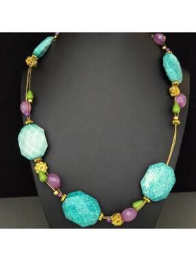Blue Gold Tone Chunky Faceted Bead Wire Necklace
